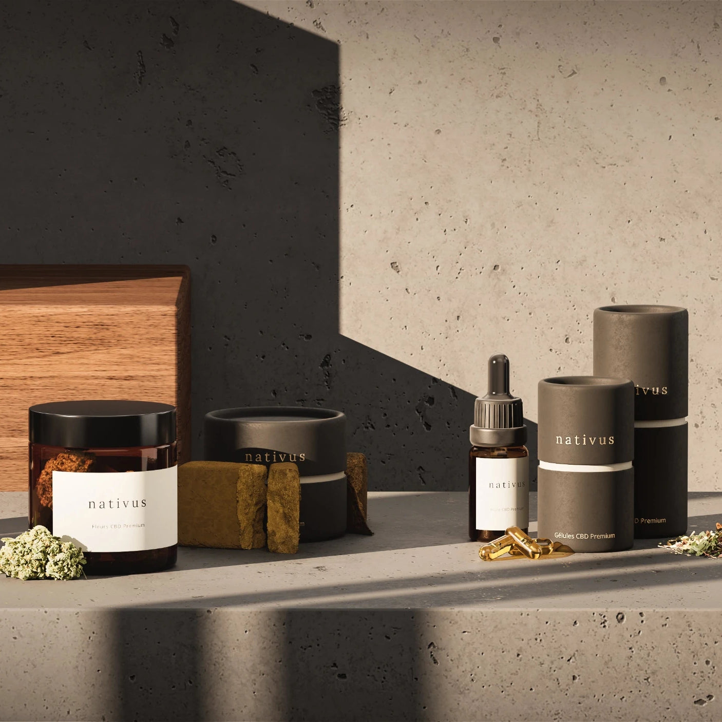 Vue de la gamme de produits CBD Premium Nativus sur fond sombre