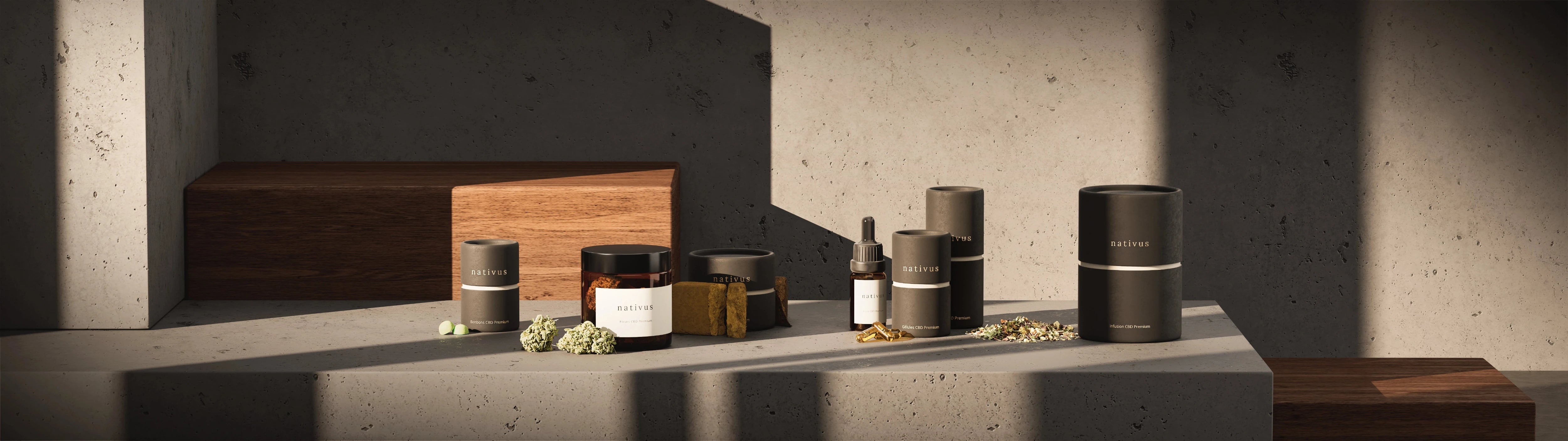 Vue de la gamme de produits CBD Premium Nativus sur fond sombre
